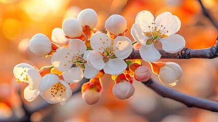 Blossoming White Cherry Flowers with Soft Sunset Light Background