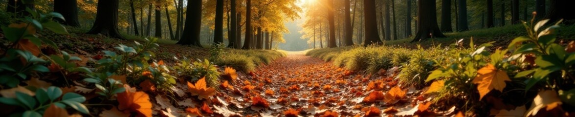 Fallen leaves carpet a secluded forest track in Sweden, fall, nature