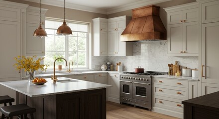 Stylish Kitchen with Copper Range Hood, Marble Countertops, and Elegant Pendant Lighting