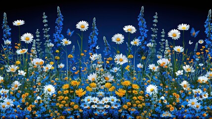 Vibrant Floral Landscape with Diverse Flowers and Butterflies