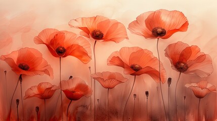 Beautiful Red Poppies in Soft Focus Against a Cream Background