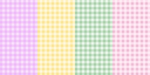 Pastel gingham pattern background. Soft purple yellow green pink plaid pattern. Cute checkered seamless pattern. Seamless patterns with pastel gingham style. Spring-themed color tartan backdrop.