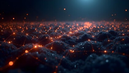 Abstract technology network with interconnected nodes and data streams, dark background with neon accents, modern digital design .