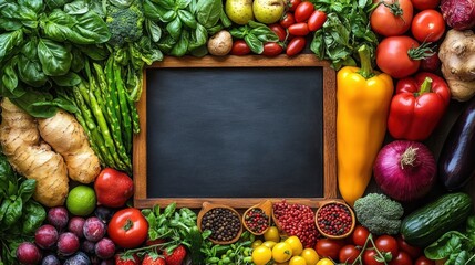 Vibrant Assorted Fresh Vegetables and Fruits with Blank Chalkboard Frame