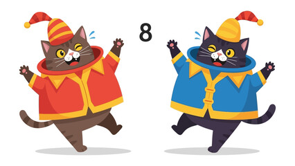 Cheerful Cat Clowns: Two whimsical, cartoon cats in playful clown costumes dancing happily, rendered in a delightful, cartoonish art style, perfect for conveying fun and joy. 