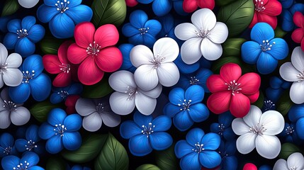 Vibrant Colorful Floral Pattern with Blue, Red, and White Flowers