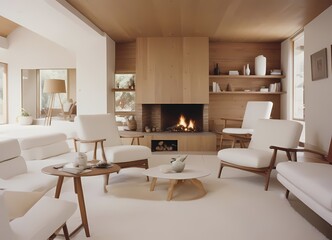 Fototapeta premium A cozy living room on a snowy winter evening, featuring a stone fireplace with a crackling fire, two white modern chairs, a sleek white table, and a plush white sofa, complemented by a rustic wooden 