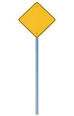 Blank Yellow Diamond Road Sign on a Gray Pole Space for Custom Text or Icons