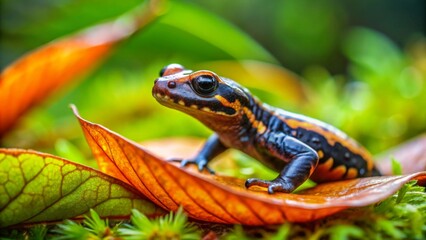 Obraz premium A Vibrant Fire Salamander Perched on Autumn Leaves in a Lush Green Forest Habitat