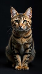 Intense gaze, brown mackerel tabby, dark background, black background, stripes