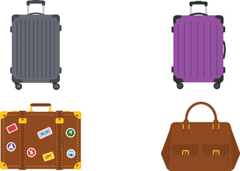 Travel luggage set, suitcase illustration, handbag vector, vintage suitcase design, modern trolley bag clipart, vacation baggage icons, journey travel accessories