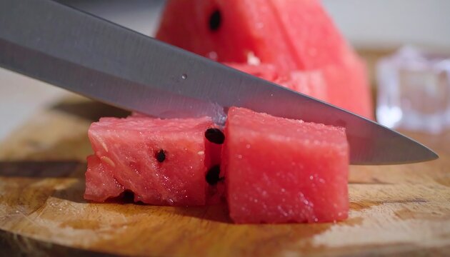 Close-up of cubed watermelon being sliced - Powered by Adobe