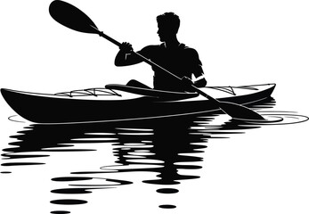 Kayaker Paddling Silhouette on Water with Reflections on Transparent Background Vector Art