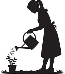 Obraz premium Silhouette of a Woman Watering a Plant in a Pot Against a Transparent Background Vector Art