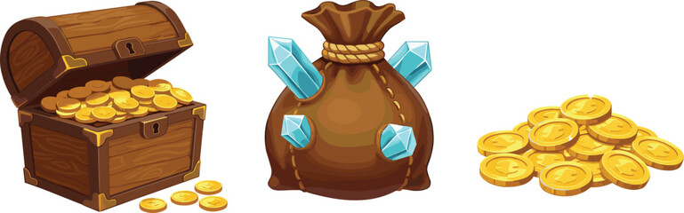 Treasure chest full of gold coins, money bag with crystals, stacked golden coins, wealth fortune concept, cartoon illustration, financial success