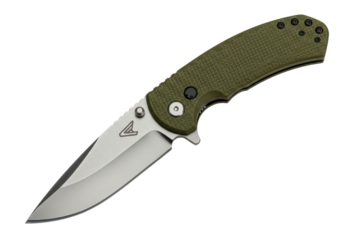 Isolated manual folding knife, green handle and metal blade for military or every day carry