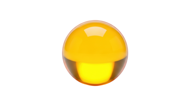 Isolated close-up of single yellow amber capsule or gel pill; light reflection, simple shape