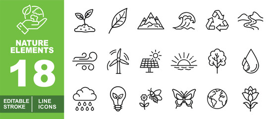 Nature line icon set. Handglobe, Plant, Leaf, Mountain, Wave, Recycle, River, Wind, Turbine, Solarpanel, Sunrise, Tree, Drop, Rain, Bulb, Bee, Butterfly, Earth, Flower and more. Editable stroke icons 