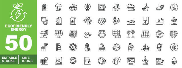 Eco-friendly line icon set. Waterbottle, Factory, Salad, Lightbulb, Tablet, Building, Filter, Plant, Box, Binoculars, Globe, Plantbulb, Rain, Cleaning, Shoppingbag. Editable stroke icons collection.
