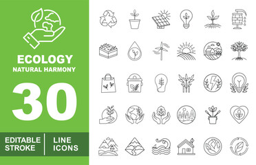 Fototapeta premium Ecology line icon set. Handearth, Recycle, Plantpot, Solarpanel, Leafbulb, Plantroots, Water, Field, Sunset, Farmhouse, Treeroots, Shoppingbag, Planter, Leaf, Wheat. Editable stroke icons collection.