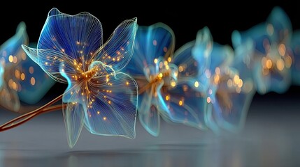 Ethereal Blue Flowers with Glowing Lights on Elegant Background