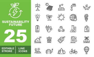 Sustainability line icon set. Windturbine, Solar, Factory, Faucet, Handleaf, Bulb, Power, Electricity, Labplant, Shoppingbag, Tree, Gasstation and more. Editable stroke icons collection.