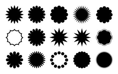 Collection of Black Starburst and Flower Shapes on White Background
