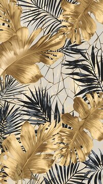 Abstract Golden Palm and Black Line Art Botanical Wallpaper for Modern Interior Design