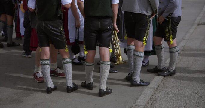 Typical bavarian traditional clothes, leather pants, socks, shoes at Oktoberfest, Munich