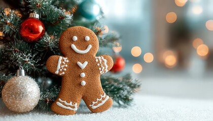 A charming homemade gingerbread man next to a sparkling Christmas tree during the winter season.