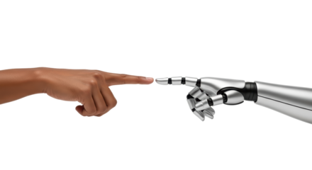 Isolated fingers reaching out, human hand touches robot hand, artificial intelligence future