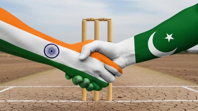 The video shows two hands, one with the Indian flag and one with the Pakistani flag, shaking hands above a cricket stadium.