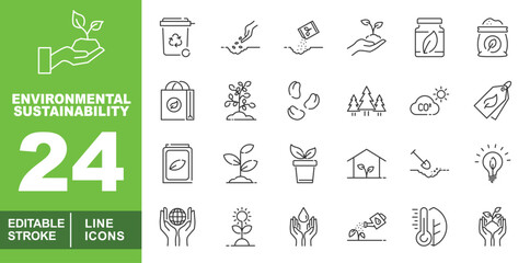 Environmental line icon set. Handplant, Recyclebin, Seedling, Plantleaf, Tree, Leafbag, Earthplant, Plantlight and more. Editable stroke icons collection.