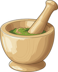 Wooden mortar and pestle illustration, herbal medicine grinder, traditional kitchen tool, spice crusher, organic food preparation, Ayurveda natural healthcare