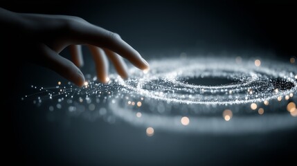 Human Hand Interacting with Glowing Circular Data Network Interface symbolizing Real-Time Connectivity, Physical-Digital Convergence, and Intuitive Engagement in Immersive Tech Environments