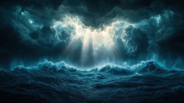Dramatic ocean waves under stormy sky with sun rays breaking through thunderclouds