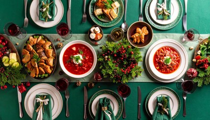 Large family Christmas Eve table, borscht, cakes, fish, green tablecloth, covered plates and cutlery, Christmas decorations, top view.