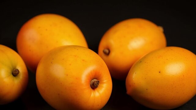 Fresh ambarella fruits are gently rotating, showcasing their vibrant yellow color and smooth skin