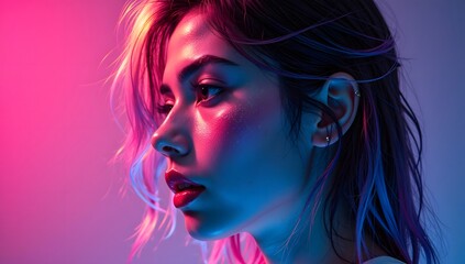 Obraz premium A woman with dark hair illuminated by pink and blue neon lights, in profile, with a subtle smile.