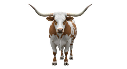 Isolated Texas longhorn with long curved horns in front-facing pose on no background