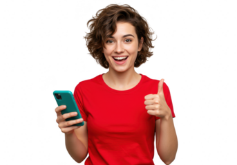 Young woman holding a smartphone and giving a thumbs up, isolated on transparent background