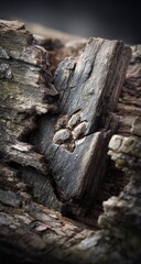 Close-up of weathered wood plank with animal paw print