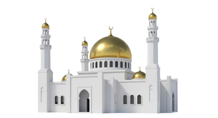 Isolated 3D render of a mosque with golden domes and minarets, an architectural landmark