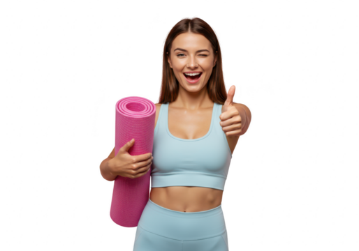 Happy woman with brown hair holding a pink yoga mat and giving a thumbs up, isolated on transparent background - Powered by Adobe