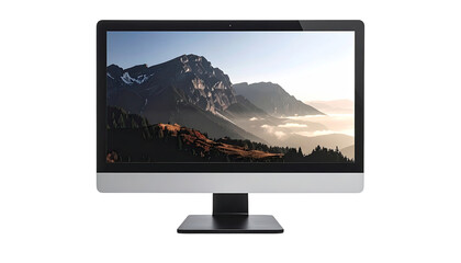 Computer monitor displaying scenic mountain landscape