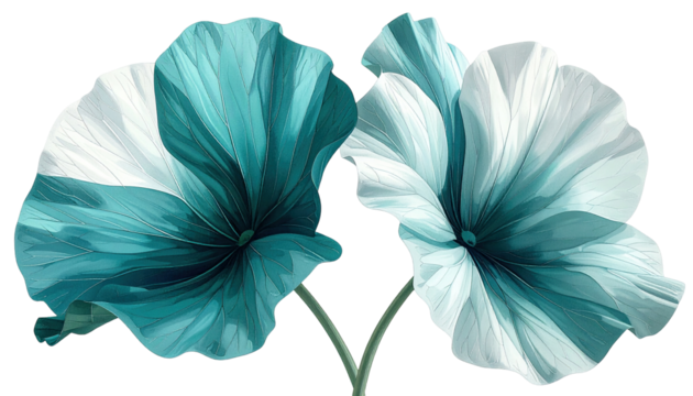 Two stylized flowers in teal and white