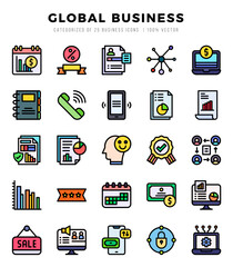 Vector icons set of Global Business. Lineal Color style Icons.