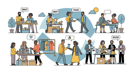 A contemporary vector illustration visualizes the circular economy, featuring diverse individuals actively swapping, trading, and reusing items for sustainable consumption.
