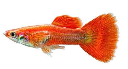 Fototapeta premium Isolated orange male guppy fish with fan tail, Poecilia reticulata, studio shot