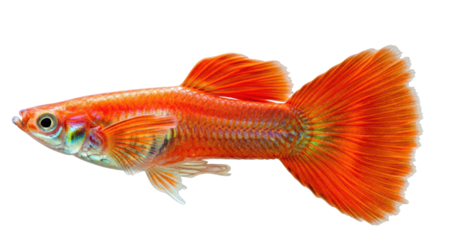 Isolated orange male guppy fish with fan tail, Poecilia reticulata, studio shot